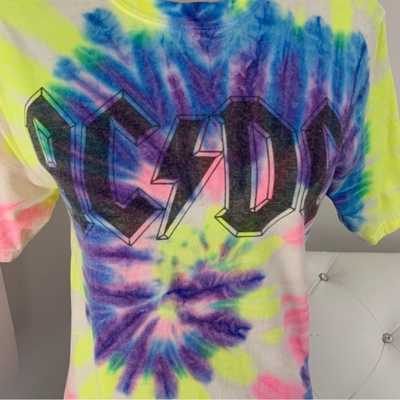 ACDC Band Tie Dye Graphic Crew Neck Unisex Tee Shirt Pink Blue Yellow Small - Picture 3 of 8